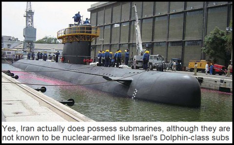 Yes, Iran actually does possess submarines, although they are not known to be nuclear-armed like Israel's Dolphin-class subs