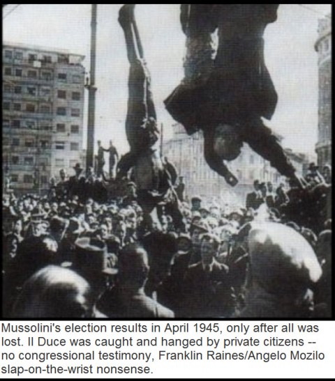 Mussolini's election results in April 1945, only after all was lost.  II Duce was caught and hanged by private citizens-no congressional testimony, Franklin Raines/Angelo Mozilo slap-on-the-wrist nonsense.  